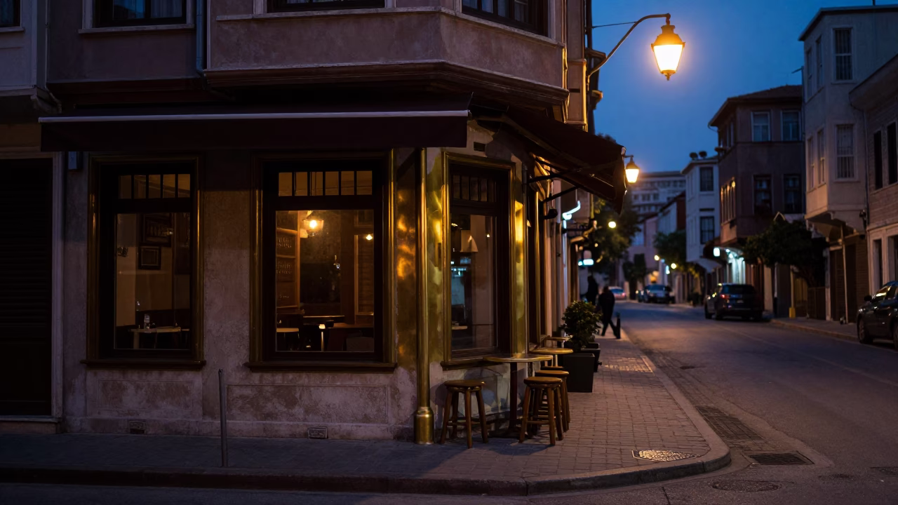Predawn Istanbul Street Scene with Polished Brass Details and Quiet Morning Activity in in Istanbul, Turkey