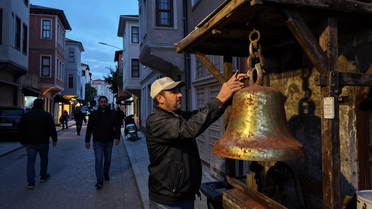 Predawn Istanbul Street Scene with Rusty Bell and Local Vendor at Dawn in in Istanbul, Turkey