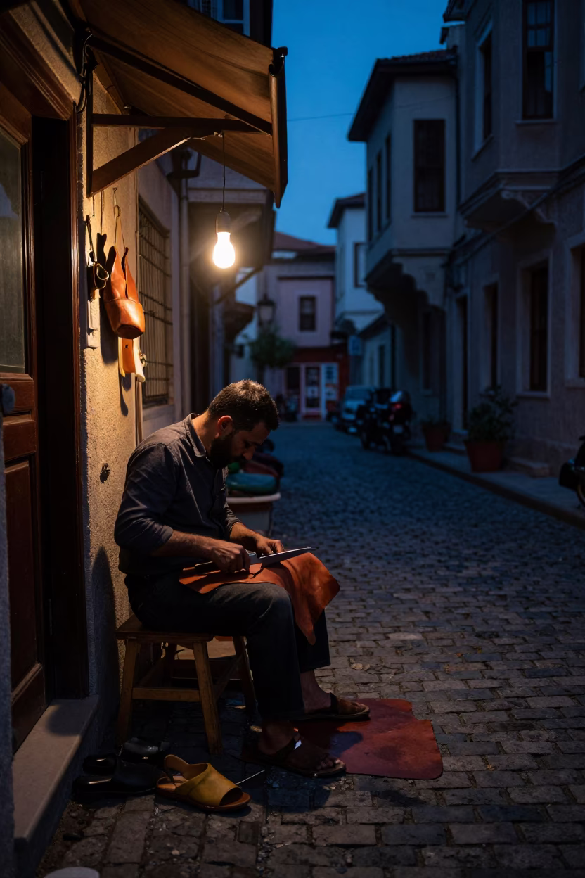 Predawn Istanbul Street Scene with Sandal Maker Cutting Leather and Linen Fringe Details in in Istanbul, Turkey