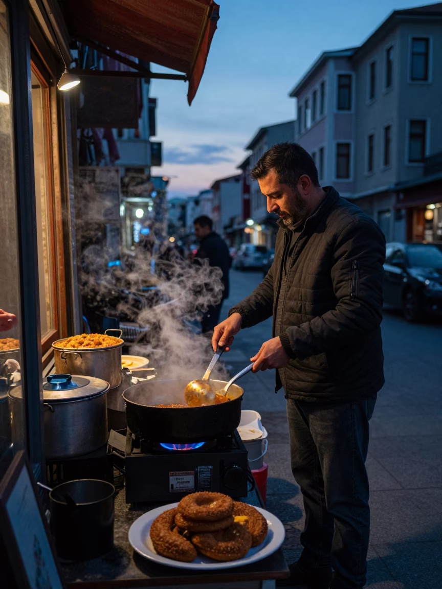 Predawn Istanbul Street Scene with Saucepan and Kibbeh Plate in in Istanbul, Turkey