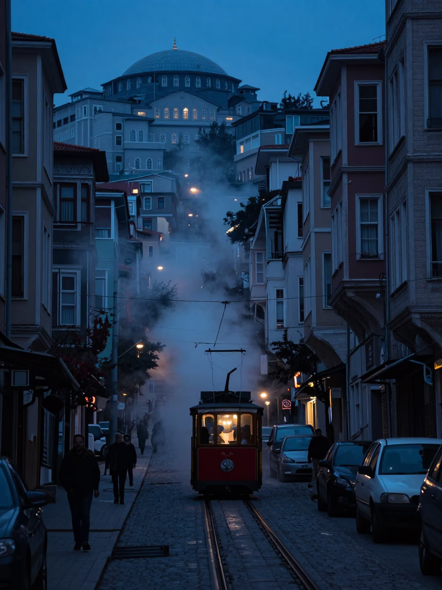Predawn Istanbul Street Scene with Steam Haze and Funicular Climb in Turkey in in Istanbul, Turkey