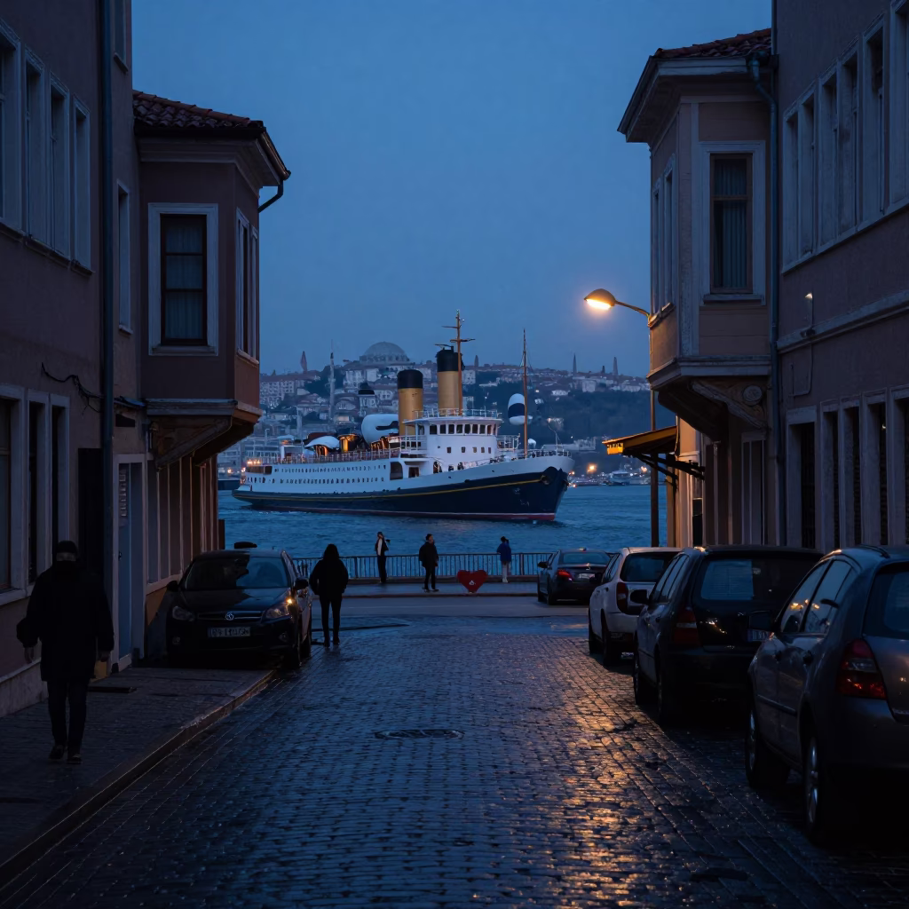 Predawn Istanbul Street Scene with Steamship in Harbor and Boot Scraper Detail in in Istanbul, Turkey