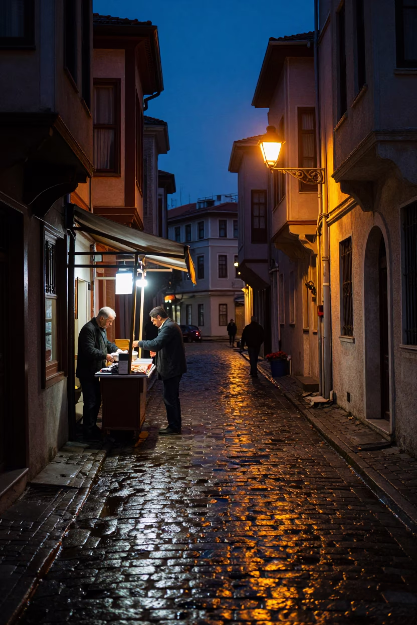 Predawn Istanbul Street Scene with Tea Stains and Local Interaction in in Istanbul, Turkey