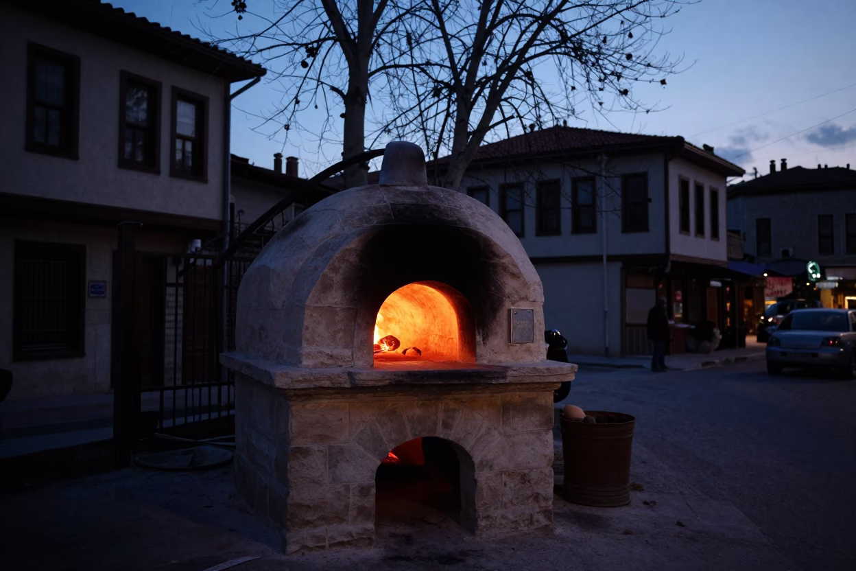 Predawn Istanbul Street Scene with Traditional Bread Oven and Safety Razor in in Istanbul, Turkey