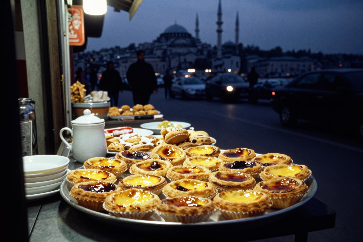 Predawn Istanbul street scene with traditional Turkish breakfast and historic architecture in in Istanbul, Turkey