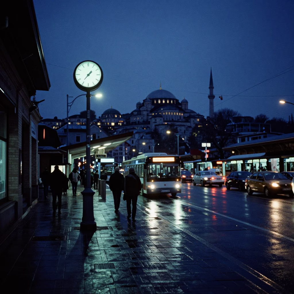 Predawn Istanbul Street Scene with Train Station Clock and Substation Glows in in Istanbul, Turkey