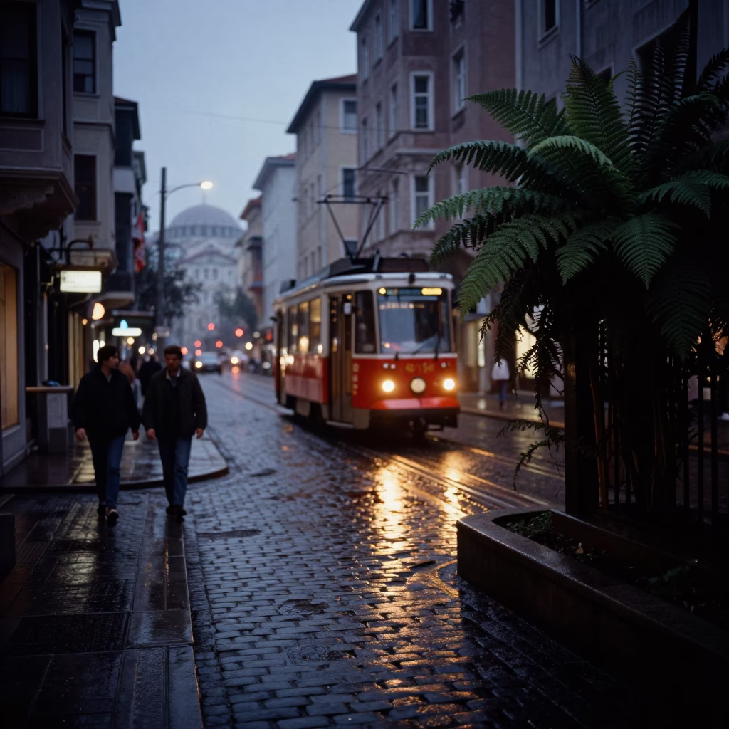 Predawn Istanbul Street Scene with Tram Lights and Ferns in in Istanbul, Turkey