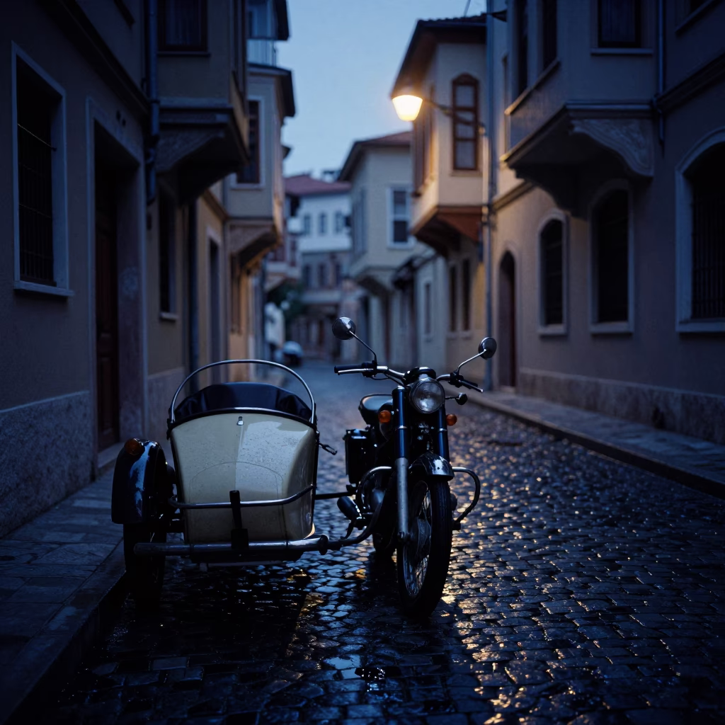 Predawn Istanbul Street Scene with Vintage Motorcycle Sidecar and Condensation Details in in Istanbul, Turkey
