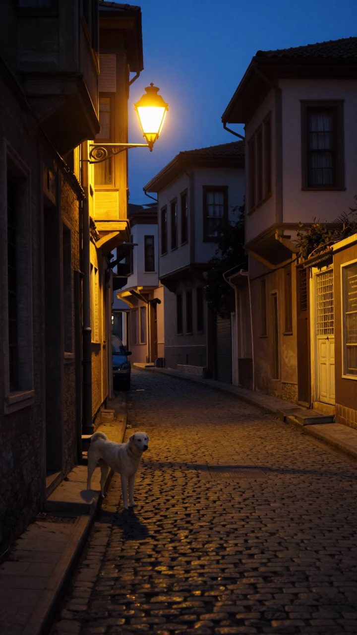 Predawn Istanbul street scene with white dog and local vendors in Turkey in in Istanbul, Turkey