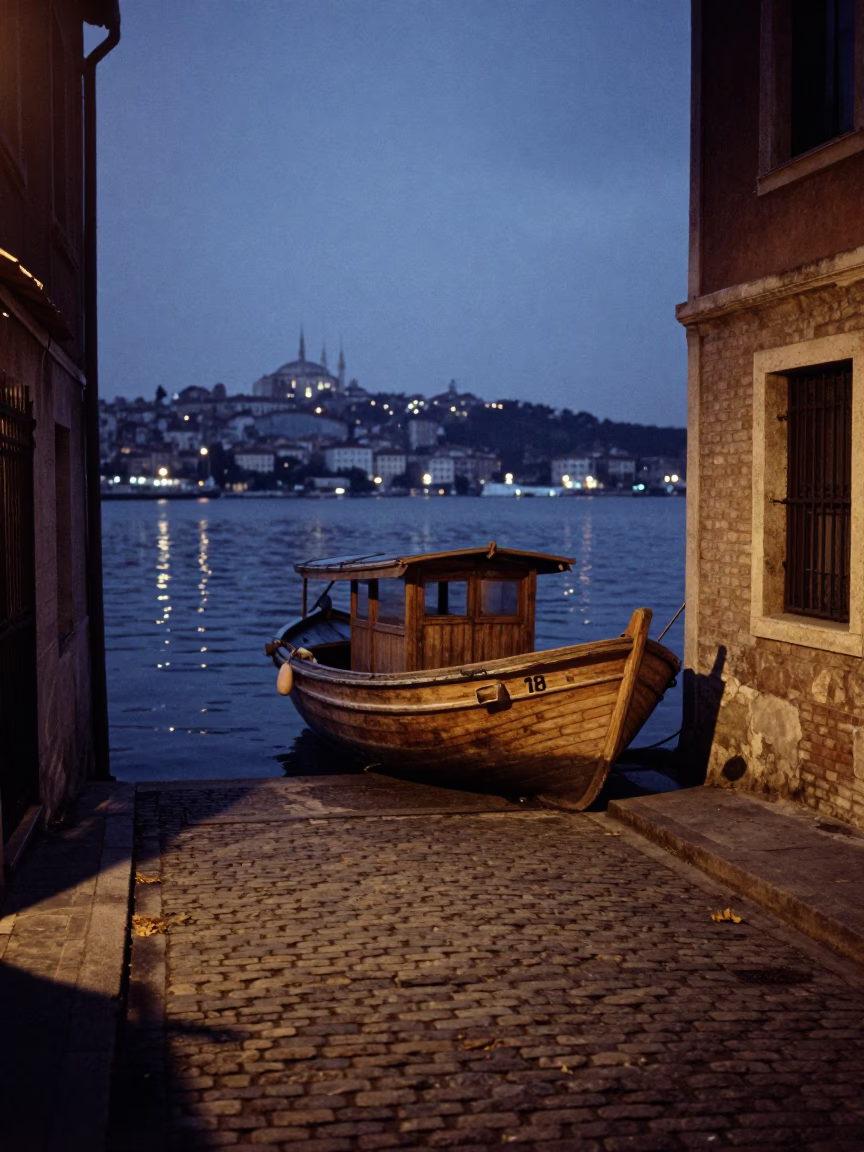 Predawn Istanbul Street Scene with Wooden Fishing Boat and Camellia Bloom in Turkey in in Istanbul, Turkey