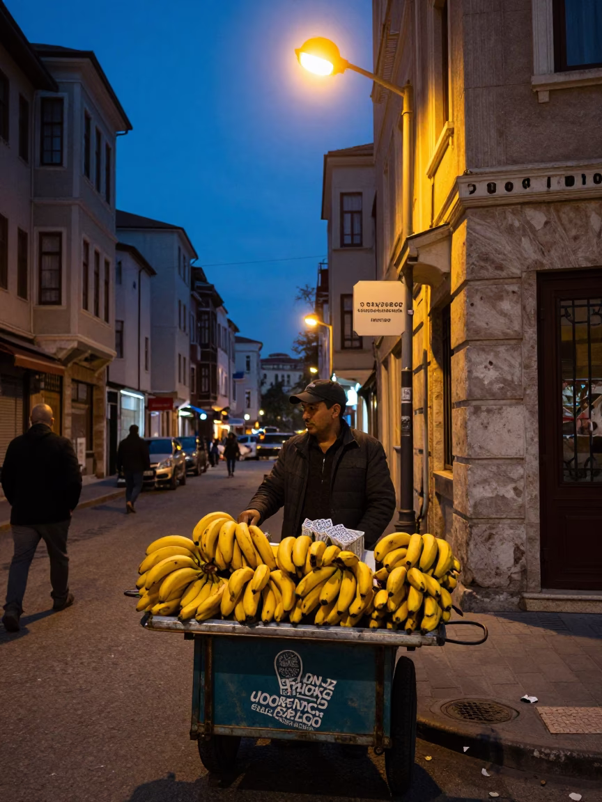 Predawn Istanbul Street Scene with Yellow Bananas and Lozenge Vendor in in Istanbul, Turkey