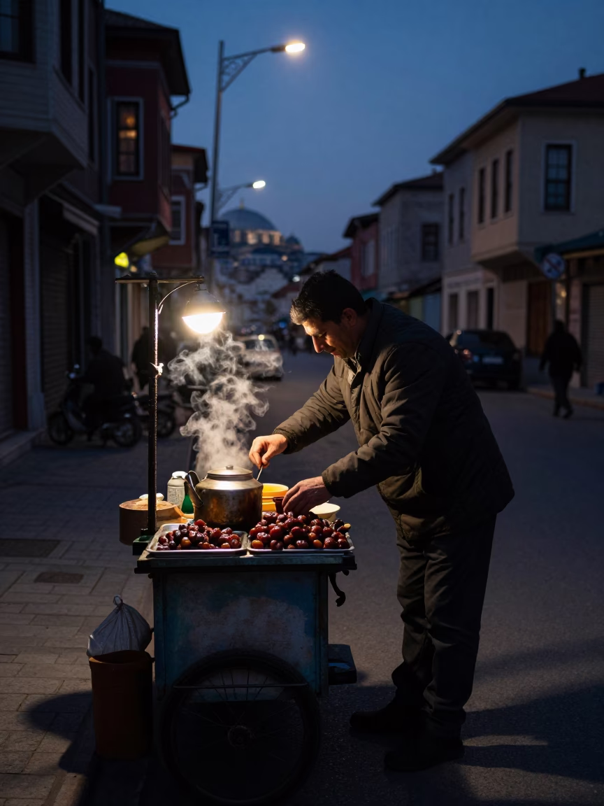 Predawn Istanbul Street Vendor Prepares Tea with Kettle and Dates in in Istanbul, Turkey