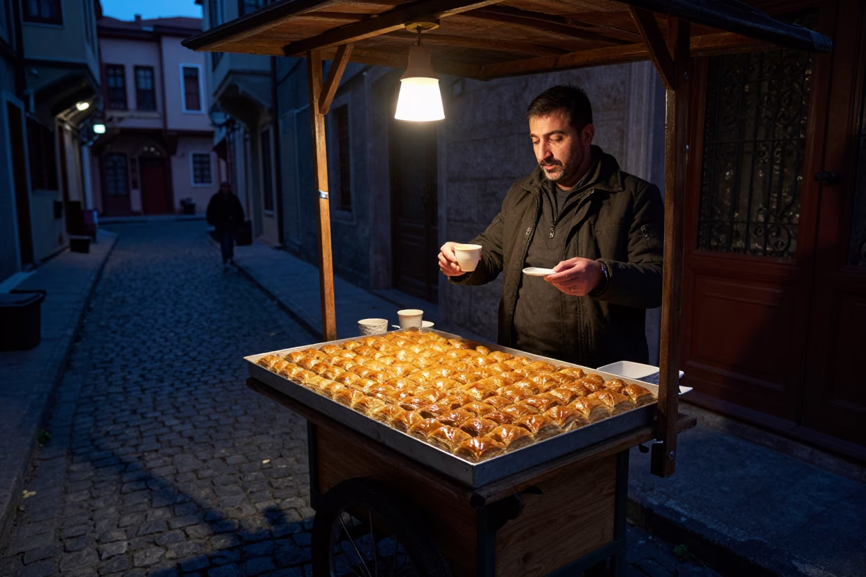 Predawn Istanbul Street Vendor Selling Baklava and Coffee Near Historic Stone Architecture in in Istanbul, Turkey