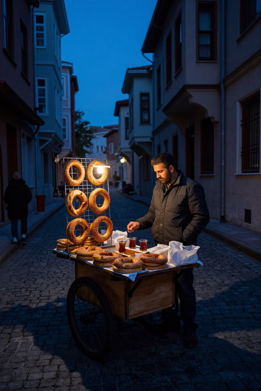 Predawn Istanbul Street Vendor Selling Simit and Tea with Tram Tracks in in Istanbul, Turkey