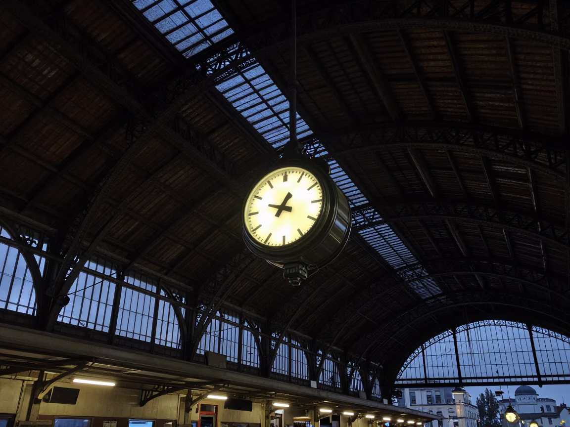 Predawn Istanbul Train Station Clock Under Iron Roof with Freight Train and Street Cleaner in in Istanbul, Turkey