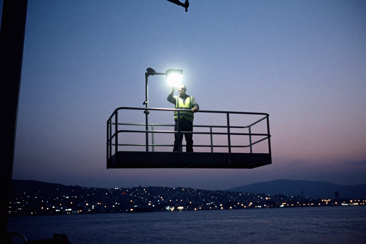 Predawn Izmir Harbor Bridge Maintenance Worker on Iron Cradle Over Aegean Sea in in Izmir, Turkey