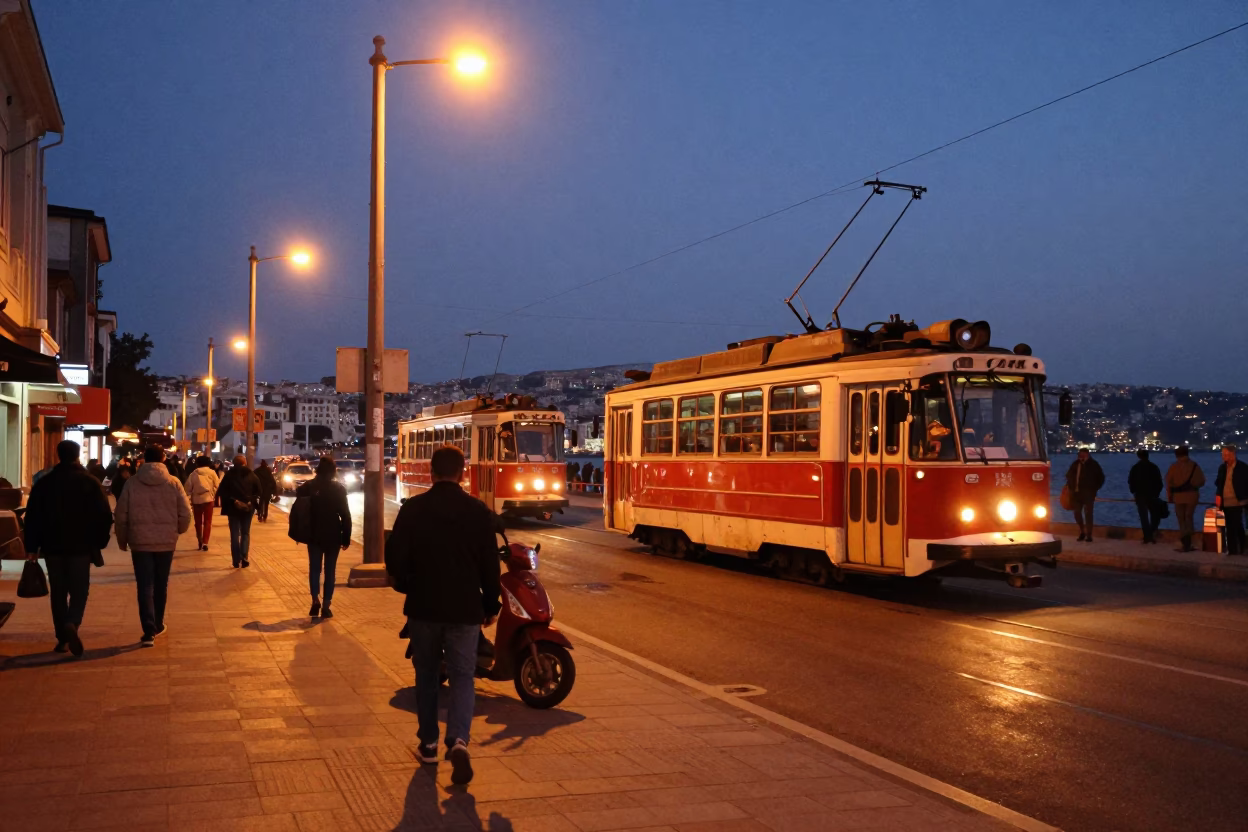 Predawn Izmir Harbor Street Scene with Tram and Scooter in in Izmir, Turkey