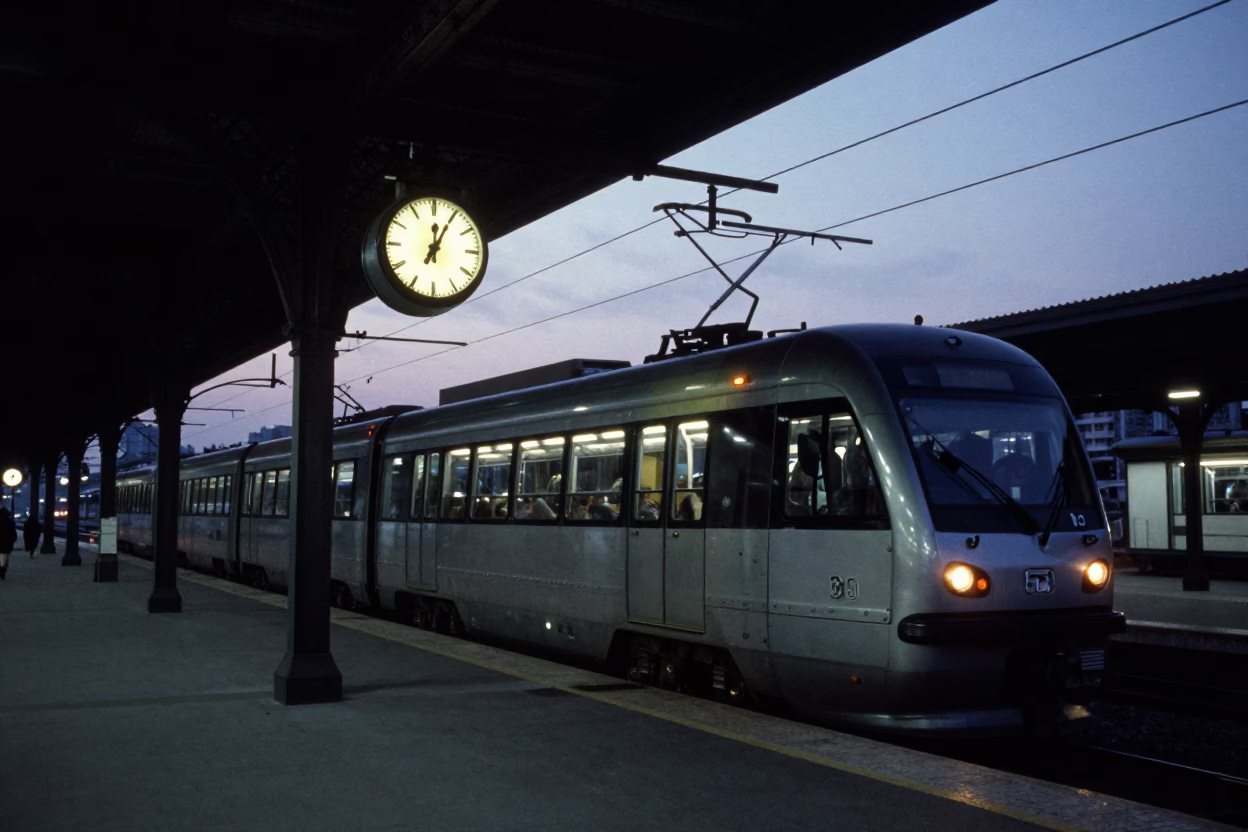 Predawn Izmir Monorail Overhead Train Station Clock Under Iron Roof in in Izmir, Turkey