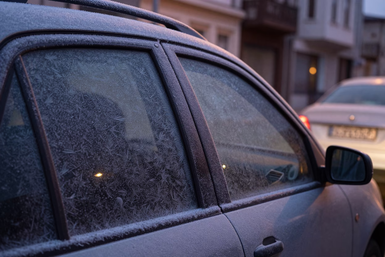 Predawn Izmir Street Scene with Frost on Car Window and Ceramic Tile Shop in in Izmir, Turkey