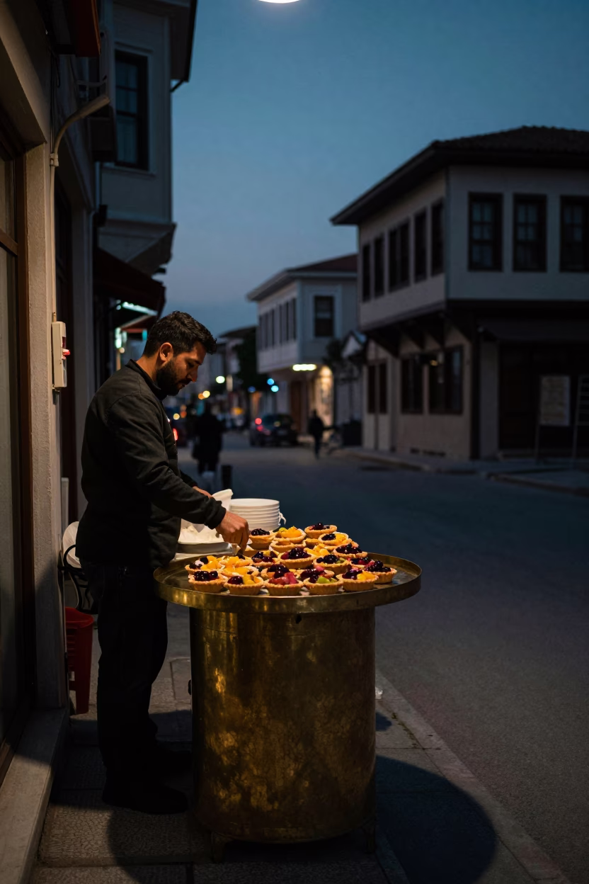 Predawn Izmir Street Scene with Fruit Tarts and Brass Tabletop in in Izmir, Turkey