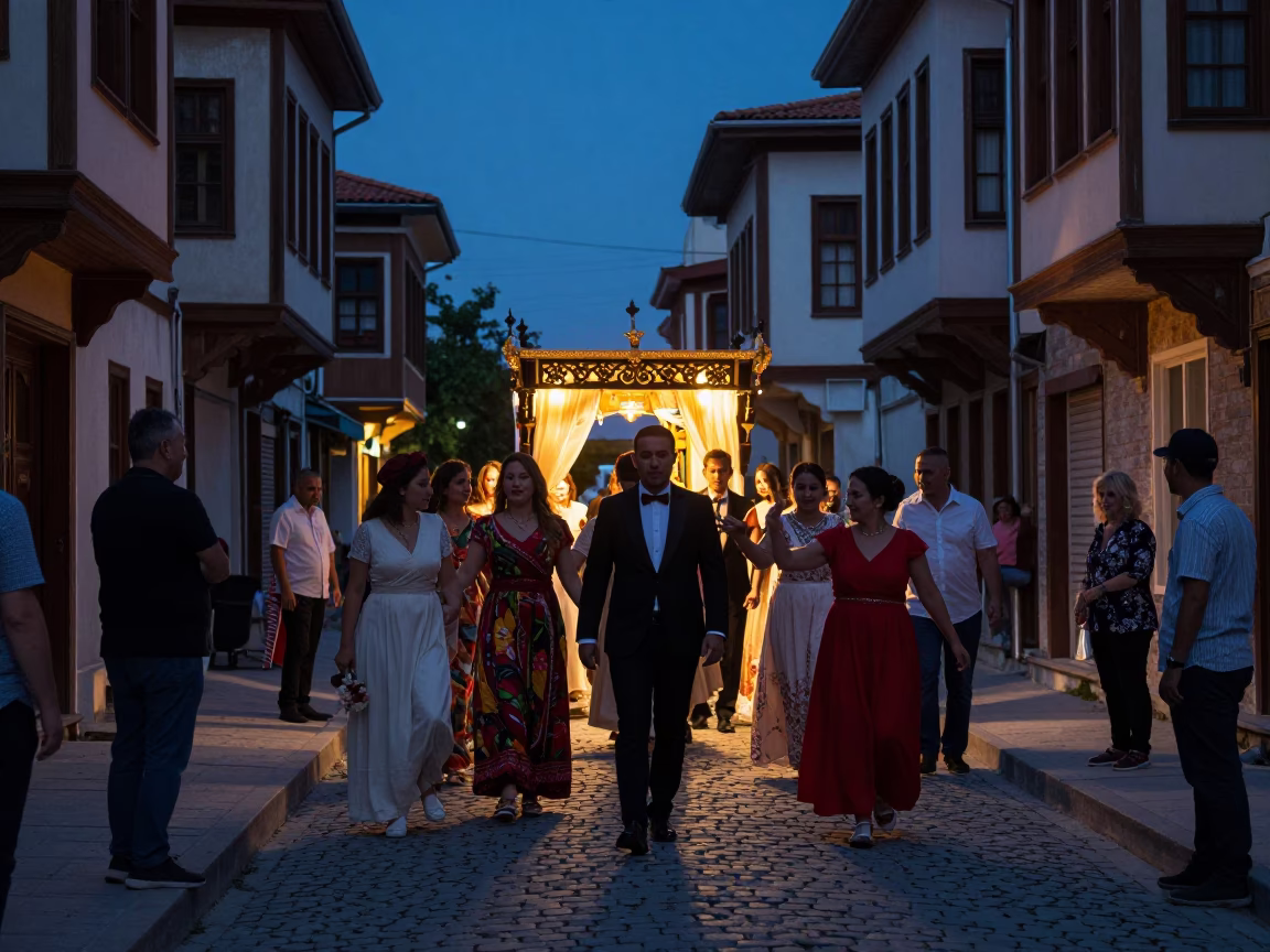 Predawn Izmir Street Scene with Traditional Wedding Procession and Local Street Food in in Izmir, Turkey