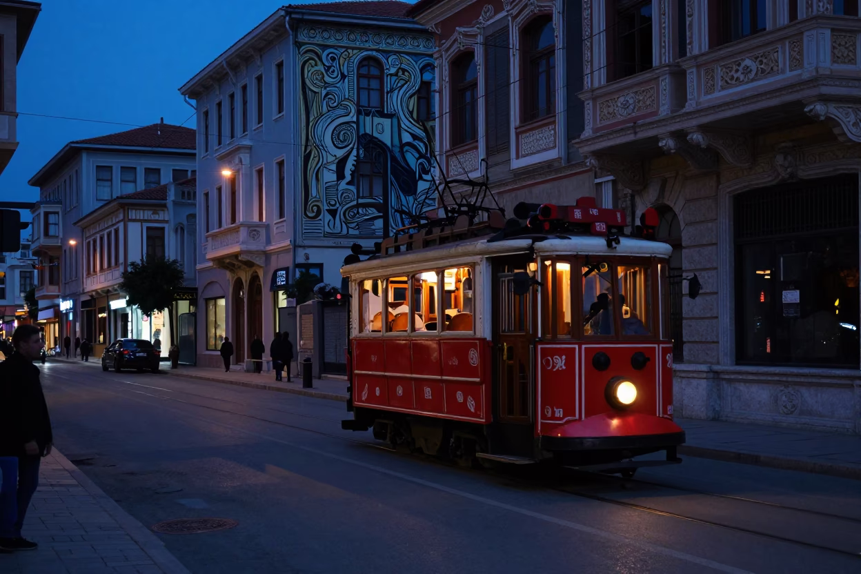 Predawn Izmir Street Scene with Vintage Tram and Art Nouveau Architecture in Turkey in in Izmir, Turkey