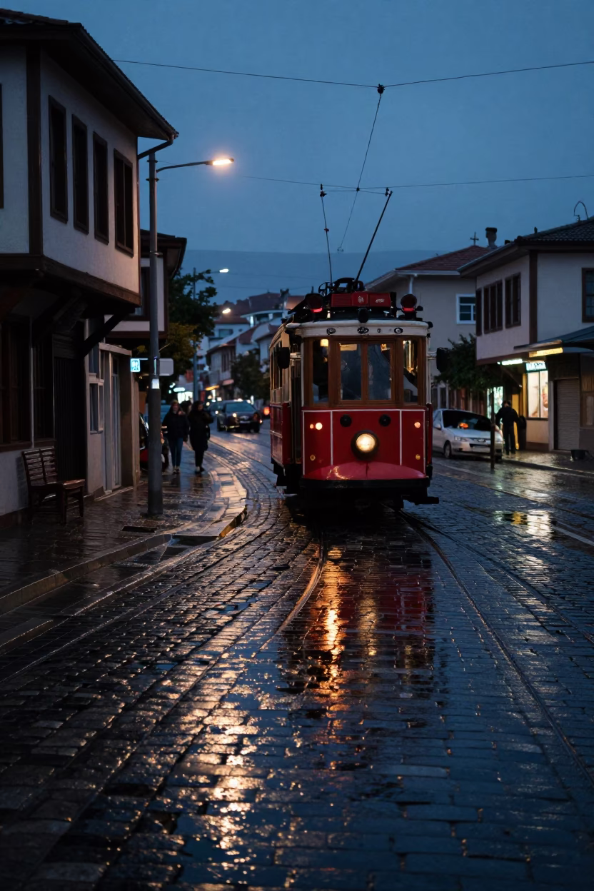 Predawn Izmir Tram Reflection on Wet Cobblestones Near Kemeraltı Bazaar in in Izmir, Turkey