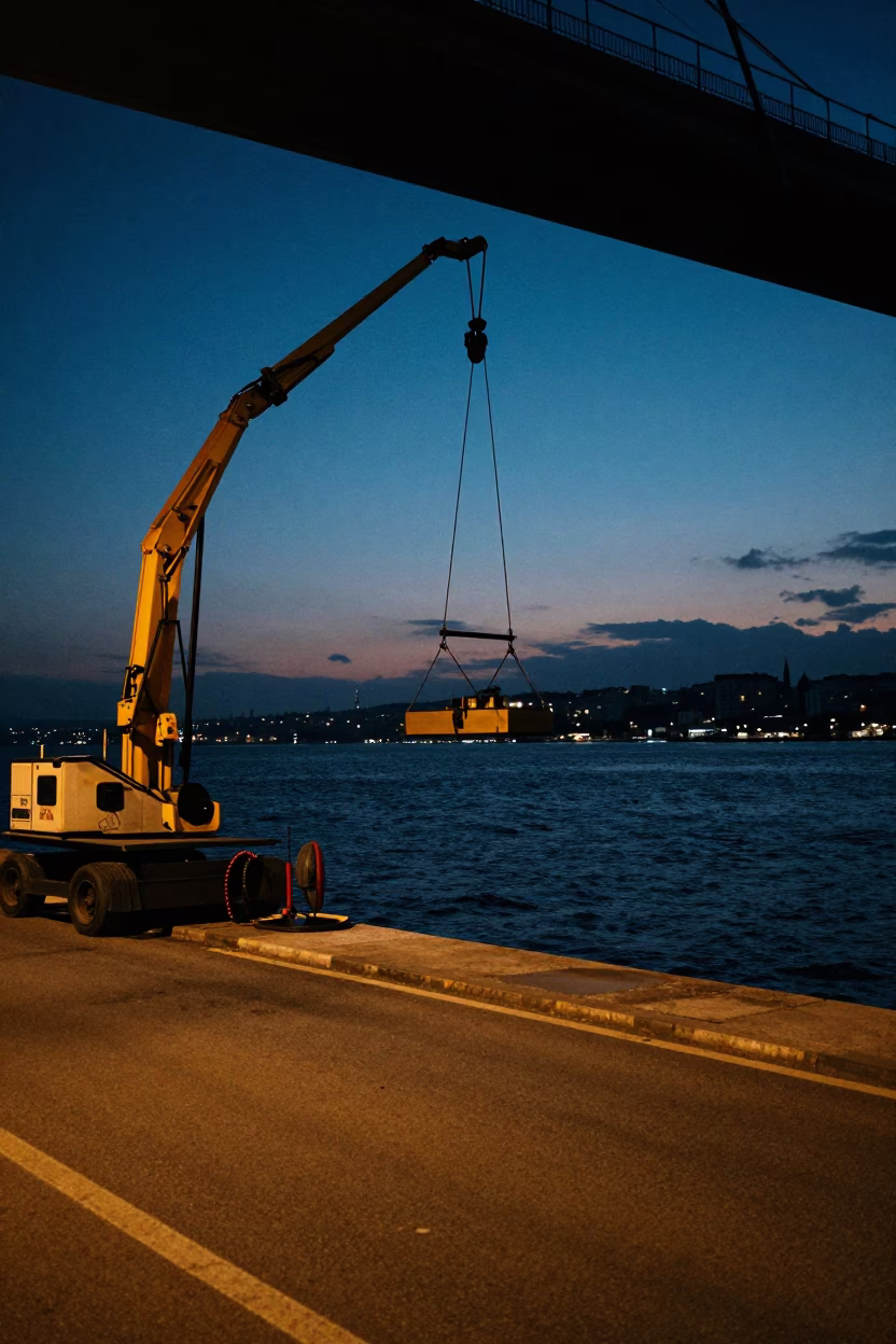 Predawn Izmir Turkey Street Scene with Bridge Maintenance Cradle Over Water in in Izmir, Turkey