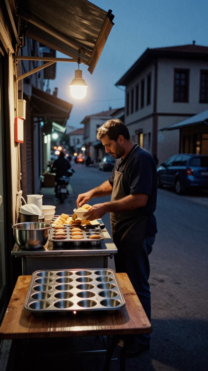 Predawn Izmir Turkey Street Scene with Muffin Tin and Mixing Bowl in in Izmir, Turkey