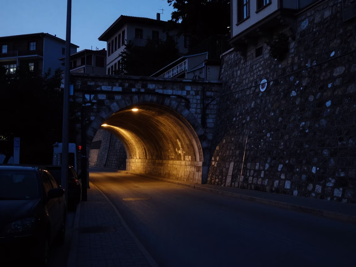 Predawn Izmir Turkey Street Scene with Tunnel Portal Retaining Wall and Brushed Steel Details in in Izmir, Turkey