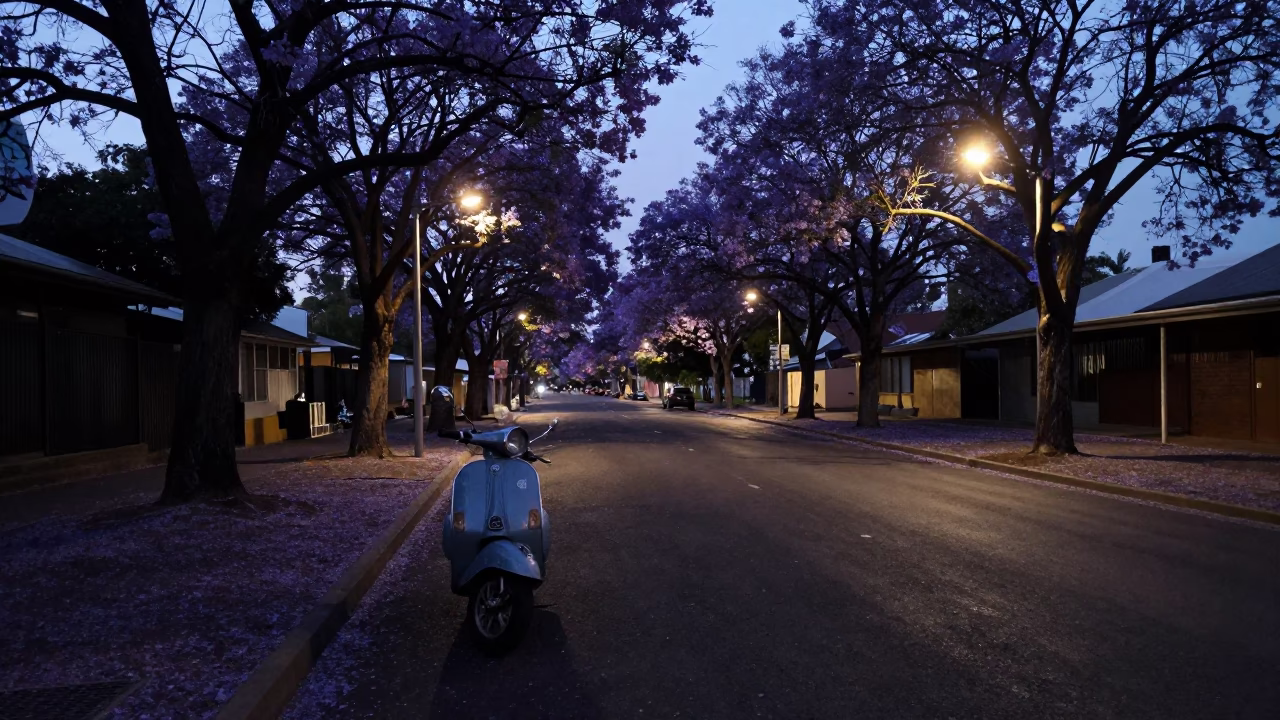 Predawn Jacaranda Boulevard in Adelaide South Australia with Vintage Scooter in in Adelaide, South Australia, Australia