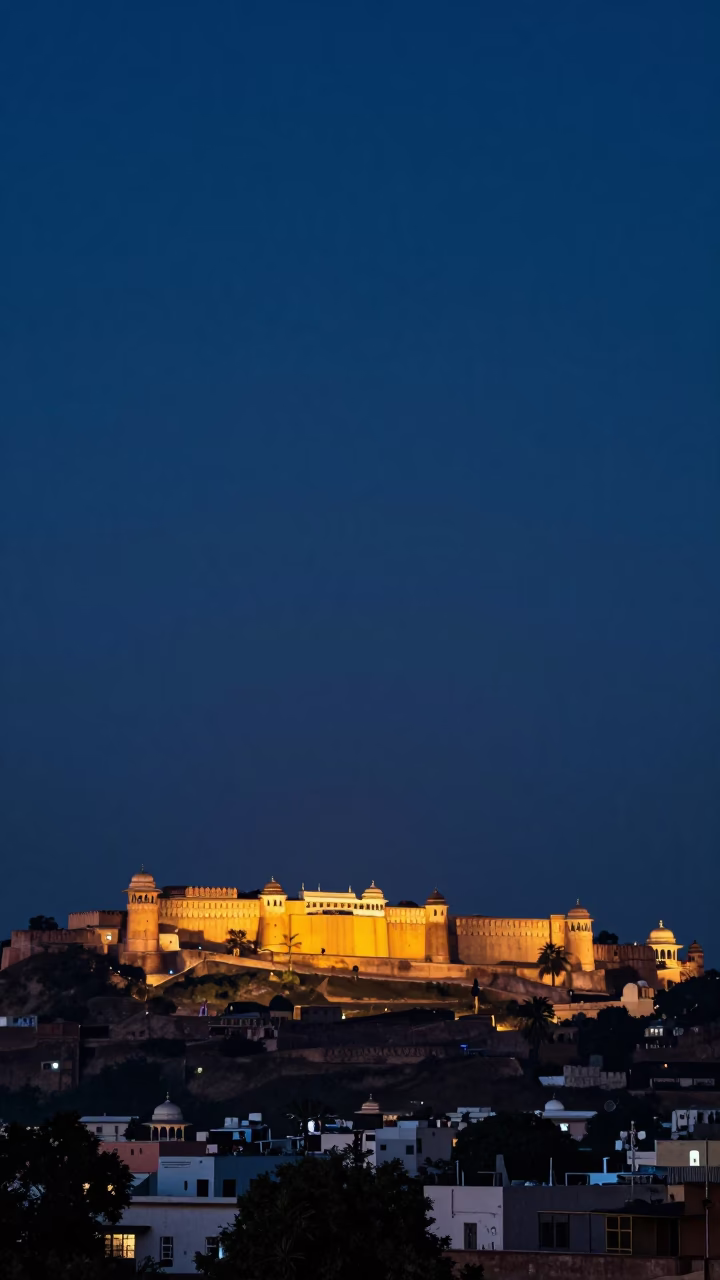 Predawn Jaipur Skyline and Amber Fort Silhouette in 1960s India in in Jaipur, India