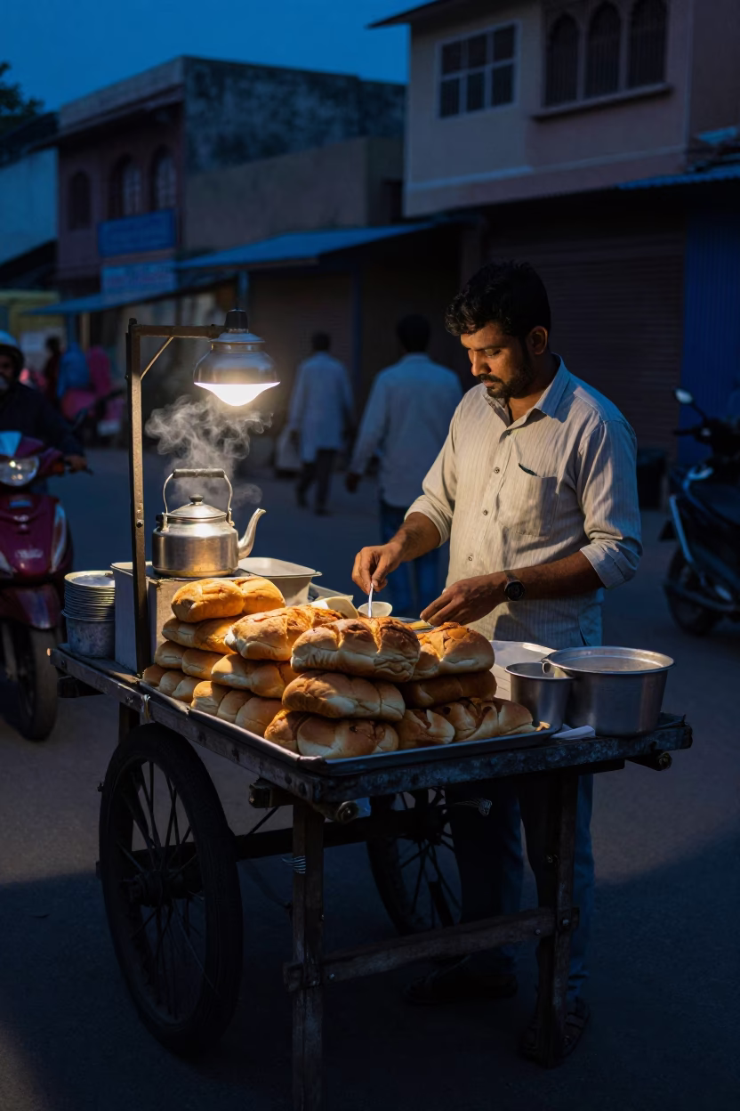 Predawn Jaipur Street Food Stall with Bread Loaves and Teapot in Pink City India in in Jaipur, India
