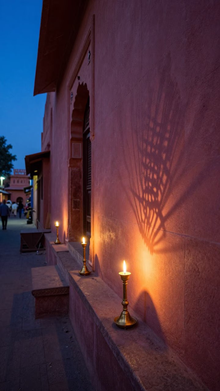 Predawn Jaipur Street Scene with Candlesticks and Local Architecture in in Jaipur, India