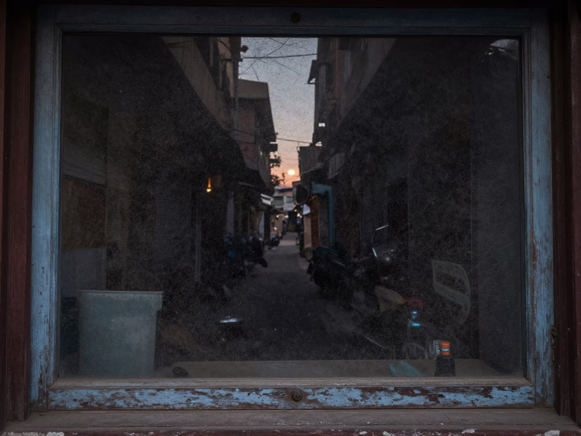 Predawn Jaipur Street Scene with Dusty Window and Quiet Canisters in in Jaipur, India
