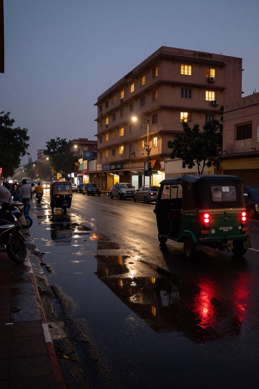 Predawn Jaipur Street Scene with Puddle Reflections and Hotel Tail Lights in in Jaipur, India