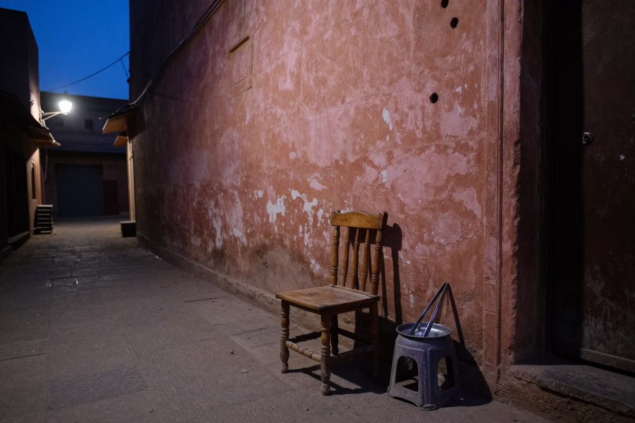 Predawn Jaipur Street Scene with Stool and Kitchen Tongs in in Jaipur, India