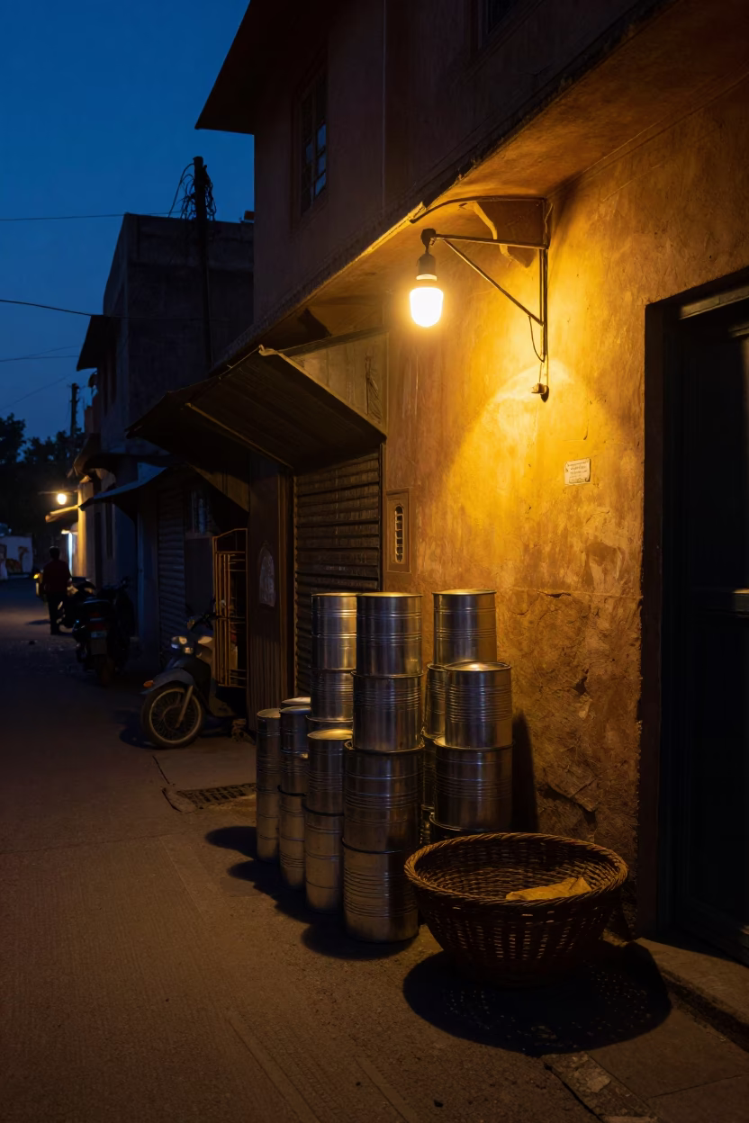 Predawn Jaipur Street Scene with Storage Tins and Basket in Low Light in in Jaipur, India