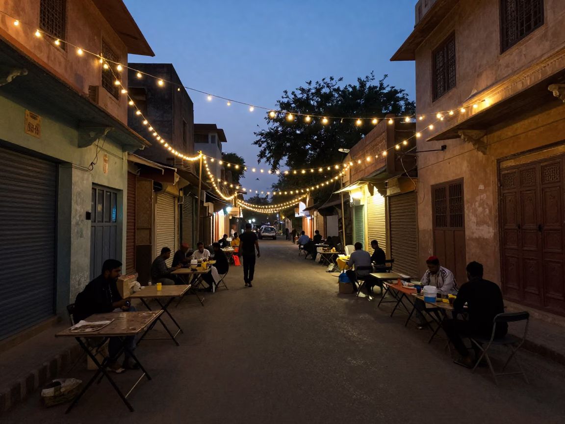 Predawn Jaipur Street Scene with String Lights and Folding Tables in India in in Jaipur, India