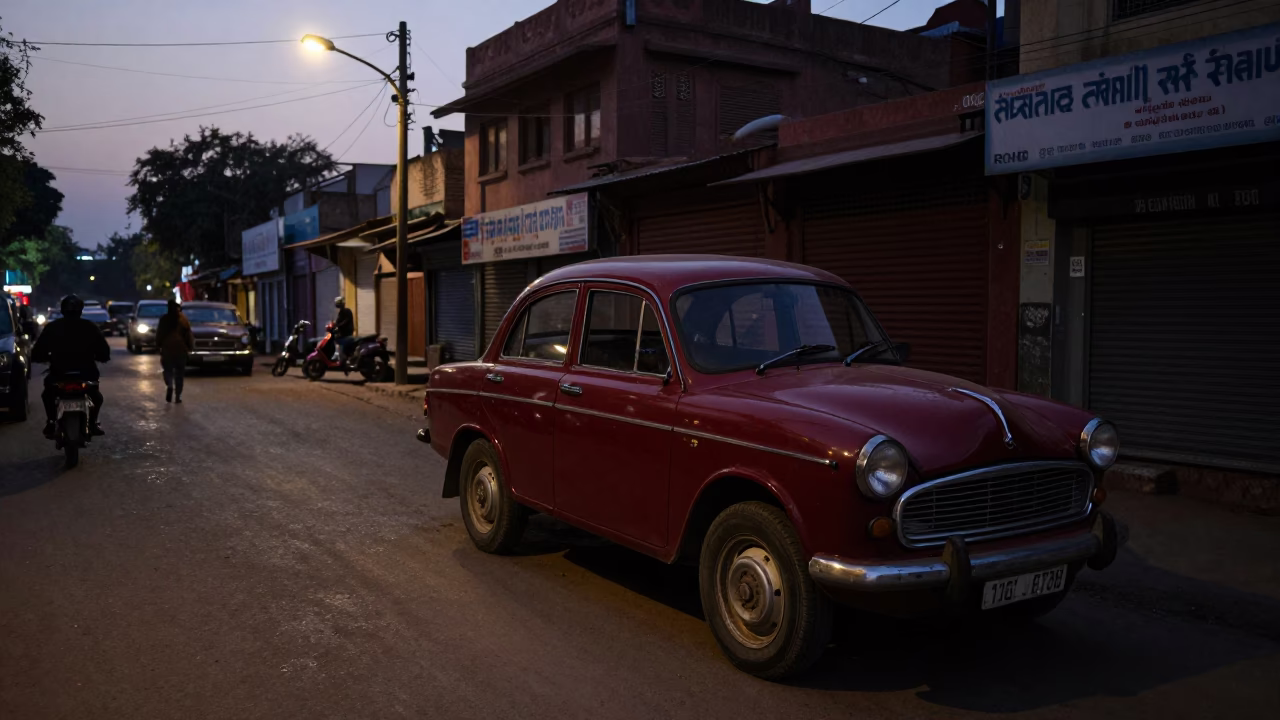 Predawn Jaipur Street Scene with Vintage Car and Local Market Activity in in Jaipur, India