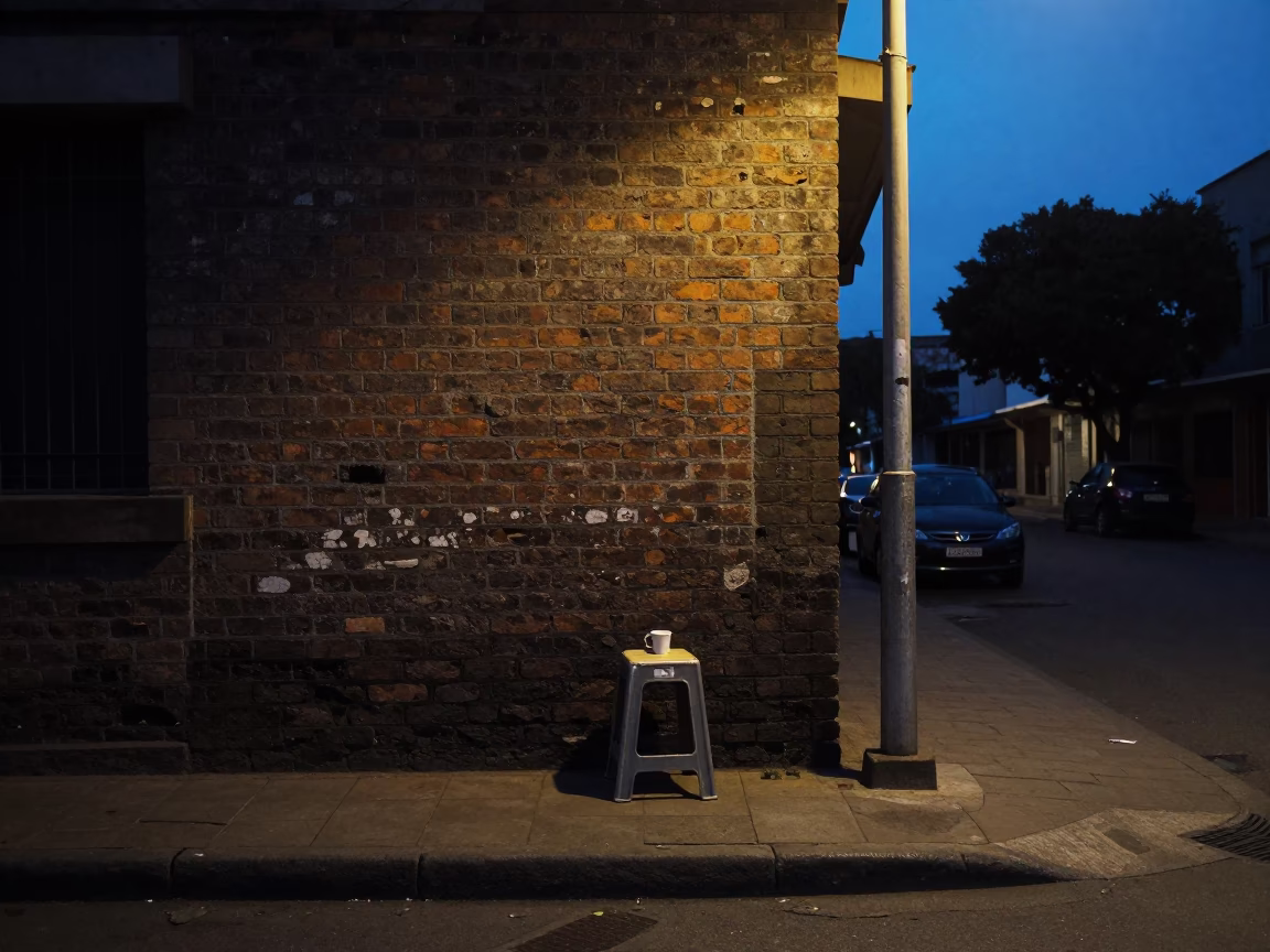 Predawn Johannesburg Street Corner with Work Stool and Coffee Grinder in in Johannesburg, South Africa