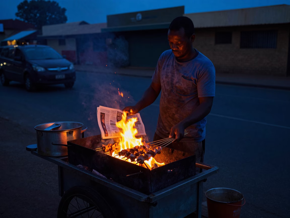 Predawn Johannesburg Street Food Vendor Grilling Kebab Over Glowing Coals in in Johannesburg, South Africa