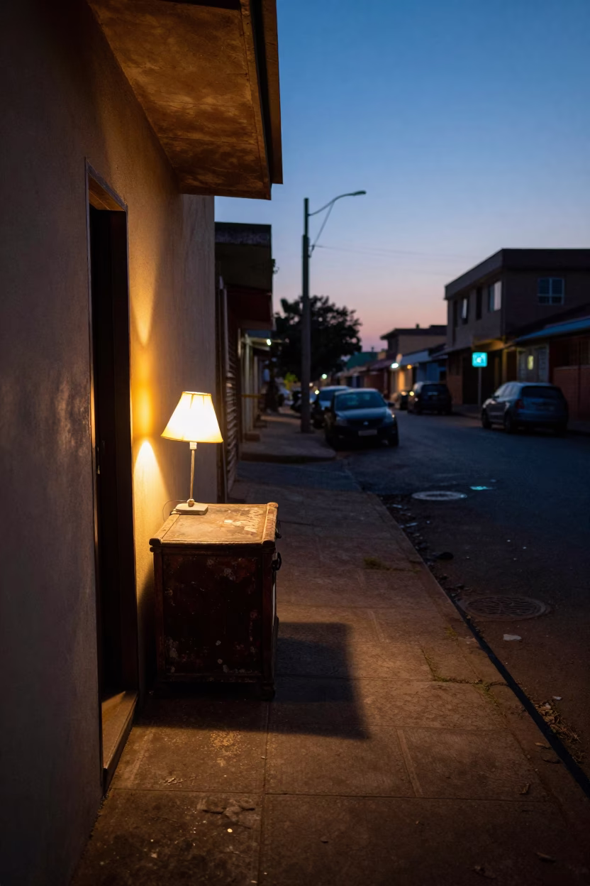 Predawn Johannesburg Street Scene with Bedside Lamp Light and Blanket Chest Details in in Johannesburg, South Africa