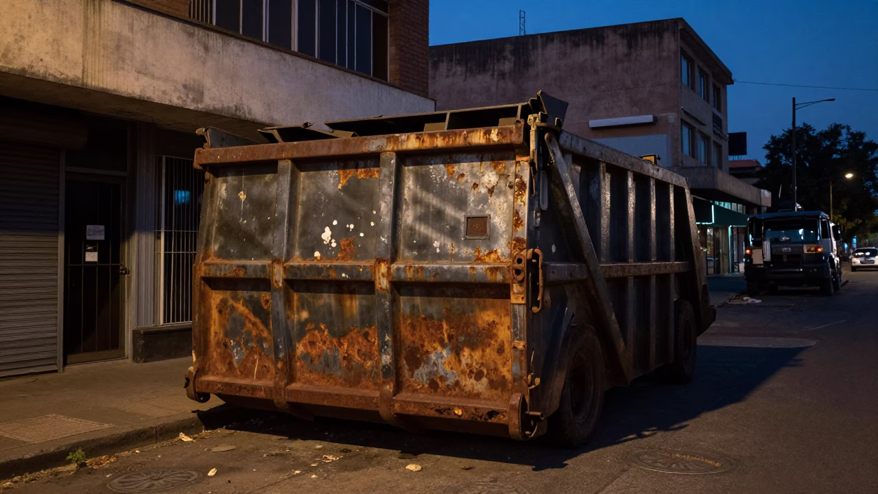Predawn Johannesburg Street Scene with Demolition Dumpster and Rusty Hinge Detail in in Johannesburg, South Africa
