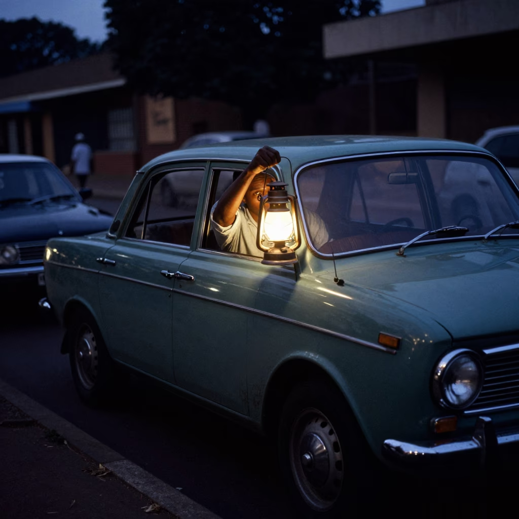 Predawn Johannesburg Street Scene with Lantern Light and Vintage Car Details in in Johannesburg, South Africa