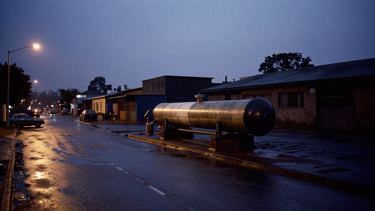 Predawn Johannesburg Street Scene with Pipeline Pig Launcher Cylinder and Urban Infrastructure in in Johannesburg, South Africa