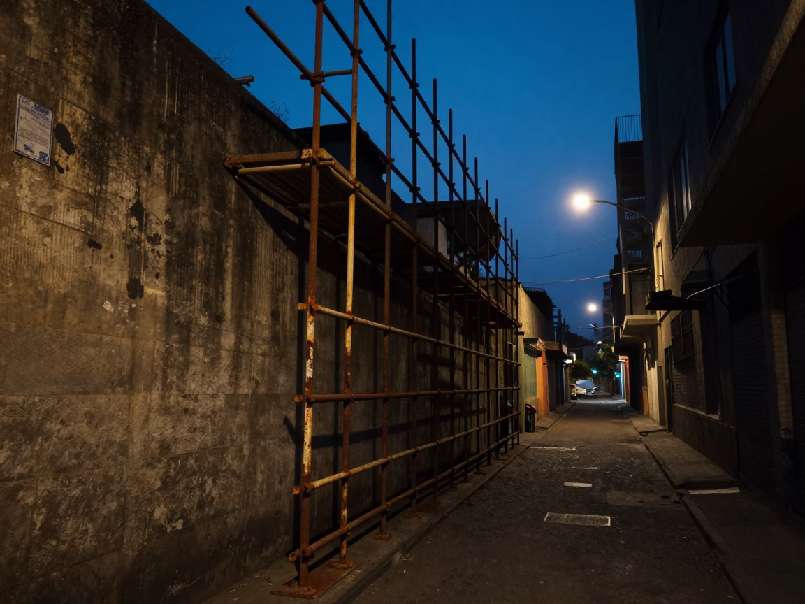 Predawn Johannesburg Street Scene with Scaffold Geometry and Rusty Shelf Bracket in in Johannesburg, South Africa