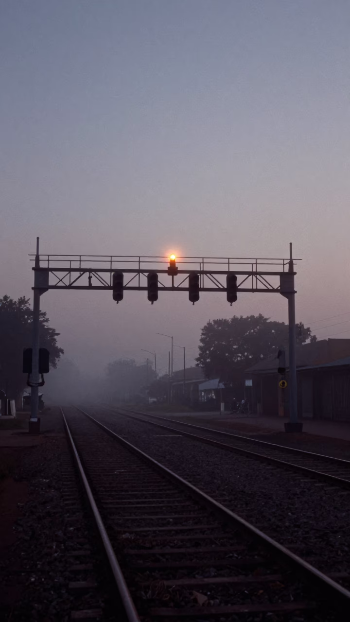 Predawn Johannesburg Street Scene with Signal Gantry and Mist in in Johannesburg, South Africa