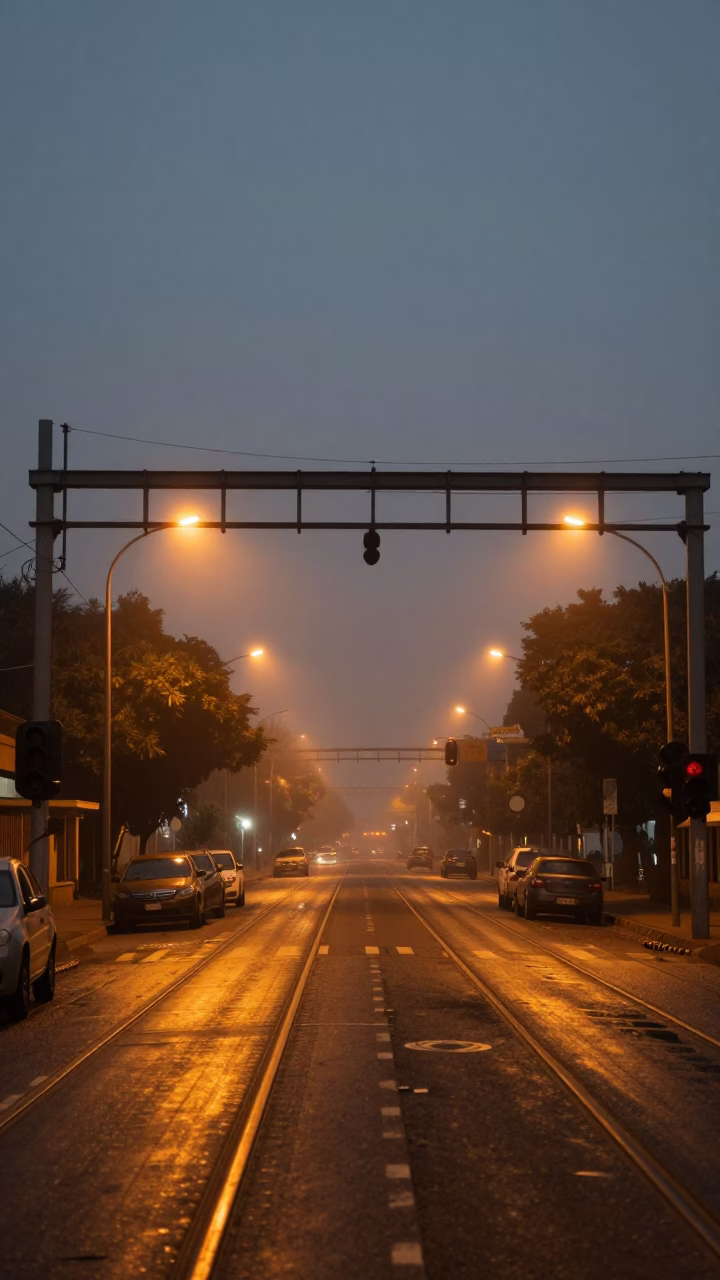 Predawn Johannesburg Street Scene with Signal Gantry and Misty Rail Lines in in Johannesburg, South Africa