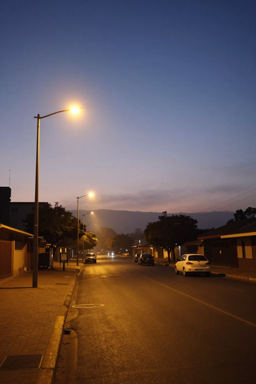 Predawn Johannesburg Street Scene with Streetlights and Distant Horizon in in Johannesburg, South Africa